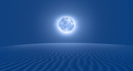 Fototapeta na wymiar Night sky with full moon in the clouds on the foreground sand dune 