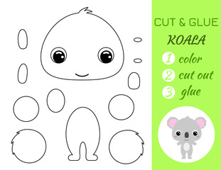 Coloring book cut and glue baby koala. Educational paper game for preschool children. Cut and Paste Worksheet. Color, cut parts and glue on paper.Cartoon character. Vector stock illustration.