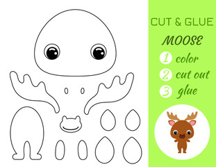 Coloring book cut and glue baby moose. Educational paper game for preschool children. Cut and Paste Worksheet. Color, cut parts and glue on paper.Cartoon character. Vector stock illustration.