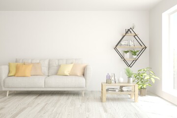 White living room with sofa. Scandinavian interior design. 3D illustration