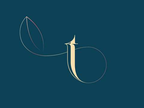 Letter t logo.Calligraphic icon isolated on dark background. Lettering sign with leaf shape.Golden alphabet initial.Elegant, feminine, luxury wedding decorative hand drawn script character outline.