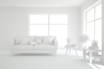 White minimalist living room with sofa. Scandinavian interior design. 3D illustration