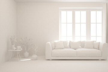 White minimalist living room with sofa. Scandinavian interior design. 3D illustration