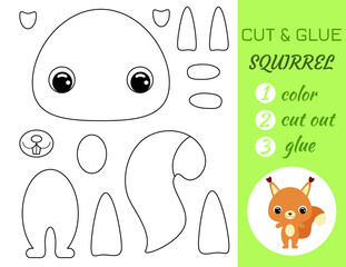 Coloring book cut and glue baby squirrel. Educational paper game for preschool children. Cut and Paste Worksheet. Color, cut parts and glue on paper.Cartoon character. Vector stock illustration.