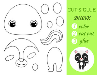 Coloring book cut and glue baby skunk. Educational paper game for preschool children. Cut and Paste Worksheet. Color, cut parts and glue on paper.Cartoon character. Vector stock illustration.