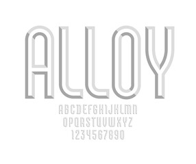Gray alphabet from chiseled block, font with effect of 3D, beveled letters and numbers, vector illustration 10EPS
