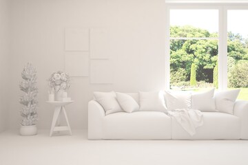White living room with sofa and summer landscape in window. Scandinavian interior design. 3D illustration