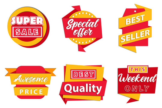 Super Sale, Special Offer, Best Seller, Awesome Price, Best Quality, Mega Sale This Weekend Only Concept. Red And Yellow Round Isolated Logos Set On White Background. Flat Style Vector Illustration
