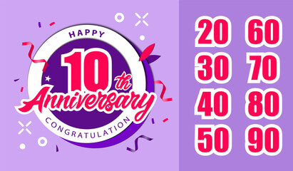 Anniversary Celebration Concept. Happy Tenth Anniversary Congratulation Banner, Logo Decorated With Ribbons Around On Violet Background. Numbers From Ten To Ninety. Flat Style Vector Illustration