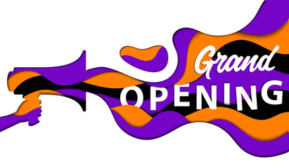 Advertisement, Grand Opening Concept. Hand Holds A Loudspeaker With Outcoming Colorful Wavy Lines Isolated On White Background. Minimalistic Abstract Paper Cut Design, Flat Style Vector Illustration