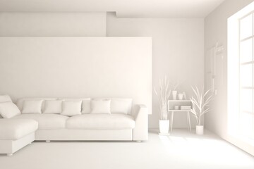 White minimalist living room with sofa. Scandinavian interior design. 3D illustration