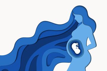 Health Care In Pregnancy, Prenatal Care Concept. Pregnant Woman With Long Wavy Hair. Blue Silhouette On White Background. Minimalistic Layered Paper Cut Design, Simple Flat Style Vector Illustration