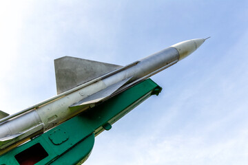 Defense forces weapon. Antiaircraft missles rocket with warhead aimed to the sky