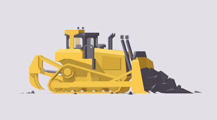 Vector dozer. Big yellow working bulldozer on light background