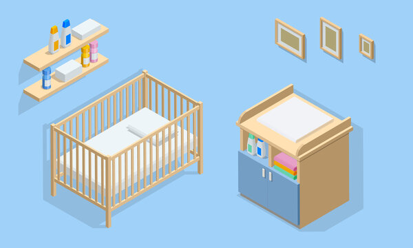 Isometirc interior furniture for baby room. Cot, changing table, wall shelf and photo frames. Icons of wooden furniture.