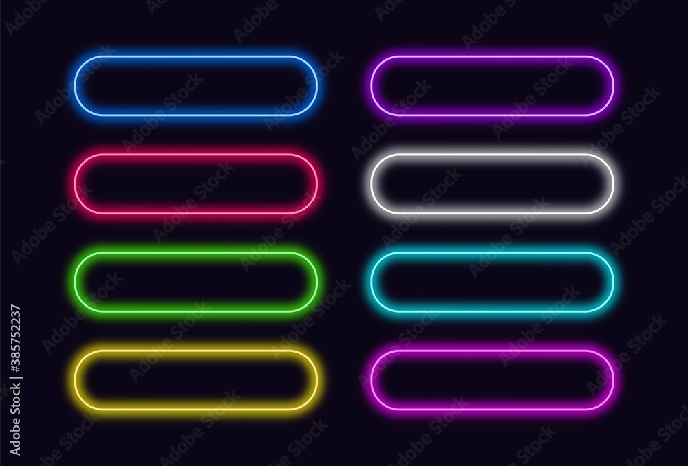 Poster Neon buttons set for Web or UI design. Vector glowing push button.