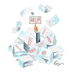 Man drowning in office bureaucracy and paperwork holding help sign. Paper, document and binder overload in business vector illustration. Hand in piles and stacks of messy clutter