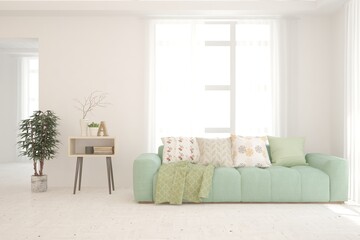 White living room with sofa. Scandinavian interior design. 3D illustration