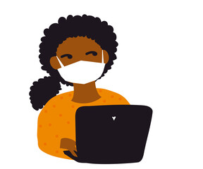 A young girl in a medical mask prints on a laptop. Vector illustration.