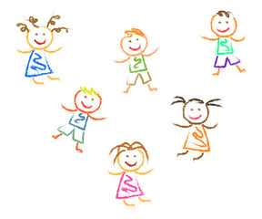 Various children are having fun on a white background. Children's drawing. Vector illustration.