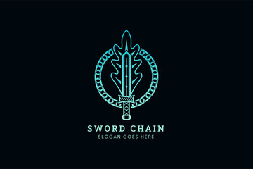 sword chain logo design template with fire burn use blue gradient at symbol and dark blue on background.