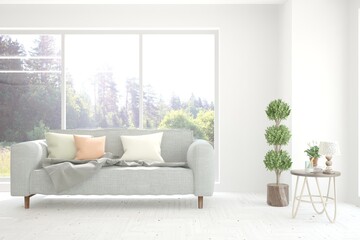 White living room with sofa and summer landscape in window. Scandinavian interior design. 3D illustration