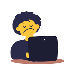 The young man is typing on a laptop. Remote work. Vector illustration.