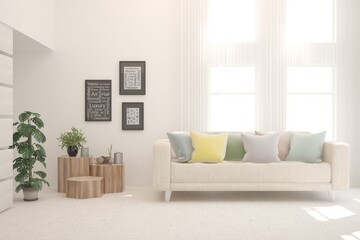 White living room with sofa. Scandinavian interior design. 3D illustration
