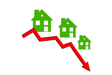 Graph of declining demand, falling prices, rental rates for housing and houses, reduction of construction. Small house icons on the fall chart. Vector