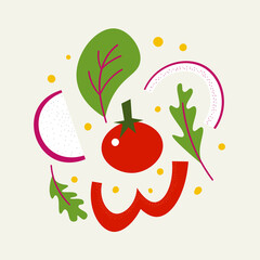Flying salad explosion. Flat hand drawn vegetable food splash. Tomato, bell pepper, radish, onion, mangold, oil drops. Healthy diet, organic food concept.