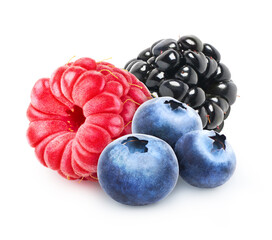 Berries mix isolated - blueberry, raspberry and blackberry on white background