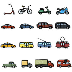 Vector Set of Color Doodle Transportation Icons
