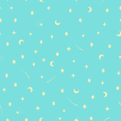 Vector seamless pattern with yellow stars on blue background. For fabric, textile, linen, wallpaper, gift and wrapping paper, greeting card, children's holiday and party invitations, pajamas.