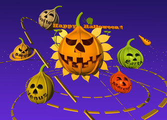 Halloween Solar system 3D illustration. Funny pumpkin planets moving round smiling pumpkin Sun following their orbits in space. Night sky background. Collection.