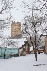 Fototapeta na wymiar Lutsk High Castle, also known as Lubart's Castle in winter