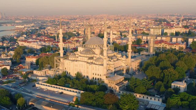 Istanbul, Blue Mosque at sunset. Aerial all-round view