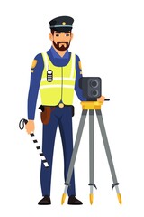Police officer with camera. Policeman standing with radar device, speed controller. Safe driving in city vector illustration. Man in uniform patrols isolated on white background