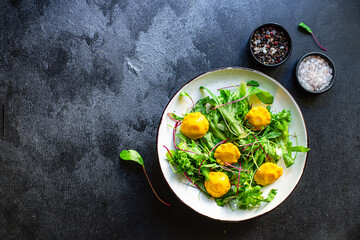 healthy salad squash and lettuce vegetables set of ingredients fresh ripe meal on the table tasty serving size portion top view copy space for text food background rustic keto or paleo diet