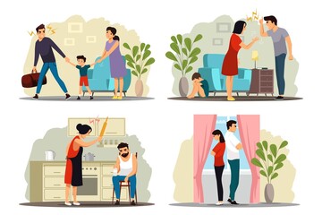 Angry people in family conflict set. Woman and man shouting, screaming, yelling, fighting, thinking of divorce, child crying. Unhappy marriage vector illustration. Domestic quarrels