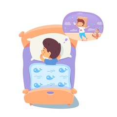 Child sleeping at bed, dreaming of playing with rocket in bubble. Calm boy under blanket on pillow in bedroom asleep at night. Happy childhood bedtime vector illustration. Dream of being astronaut