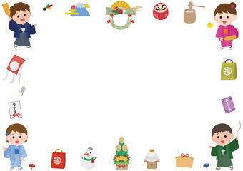 お正月　子供と素材　フレーム枠　イラスト