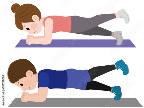 片足プランク 体幹トレーニングをする男女 イラスト Wall Mural こけ田 片足プランク 体幹トレーニングをする男女 イラスト Wall Mural こけ田