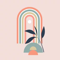  vector illustration of pastel rainbow with geometric element and plant sprig on pink background, boho style © Lana