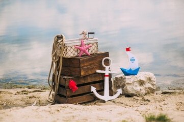 Scenery and details in a nautical style for photo shoots on the sandy beach. Marine themes.