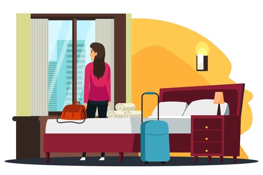 Woman standing at hotel room. Girl looking out window with bags and luggage on bed and floor. Happy holiday vacation vector illustration. People staying at modern hotel with view on city