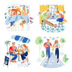 Family couple daily routine and digital gadget addiction scene set. Vector man and woman rest in bed, eat morning breakfast at home, have snack in cafe, walk on city street and use smartphone.