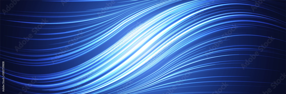 Poster abstract wave background. blue line pattern. thin cyan lines forming smooth curve. dark wide wallpap