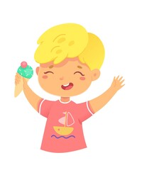 Happy kid eating icecream portrait. Cute child having fun and smiling on birthday party. Entertainment and amusement leisure vector illustration. Summer holidays time, close view