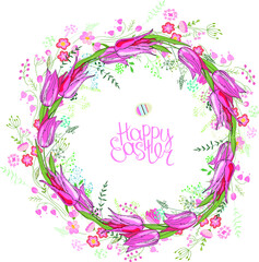Round garland with spring flowers tulips and and small pink flowers. Decorative saeson floral frame for festive design