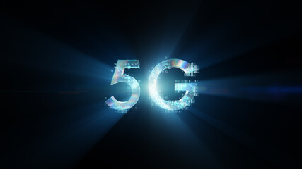 5G technology text inscription. Stylish silver letters glow and shimmer on the black background, beautiful typography techno design.